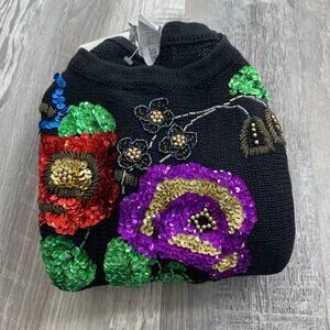 Vintage Victoria Jones Sweater Sequin Holiday Floral Knit Black Size Medium